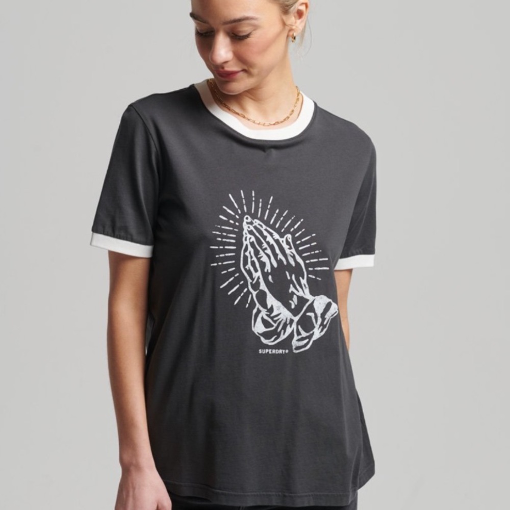 NWT Superdry Black & White Praying Hands T Shirt
